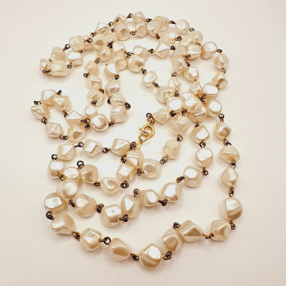 Vintage Freirich 52″ Lucite (?) Faux Baroque Pearl Necklace Gold Tone Signed