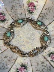 1960’s Faux Turquoise Cabochon Ornate Silver-Tone Link Panel Bracelet 7”