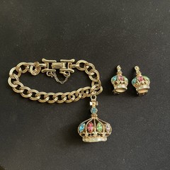 Rare Barclay Rhinestone Charm Bracelet Earrings Crown King Queen Costume Jewelry