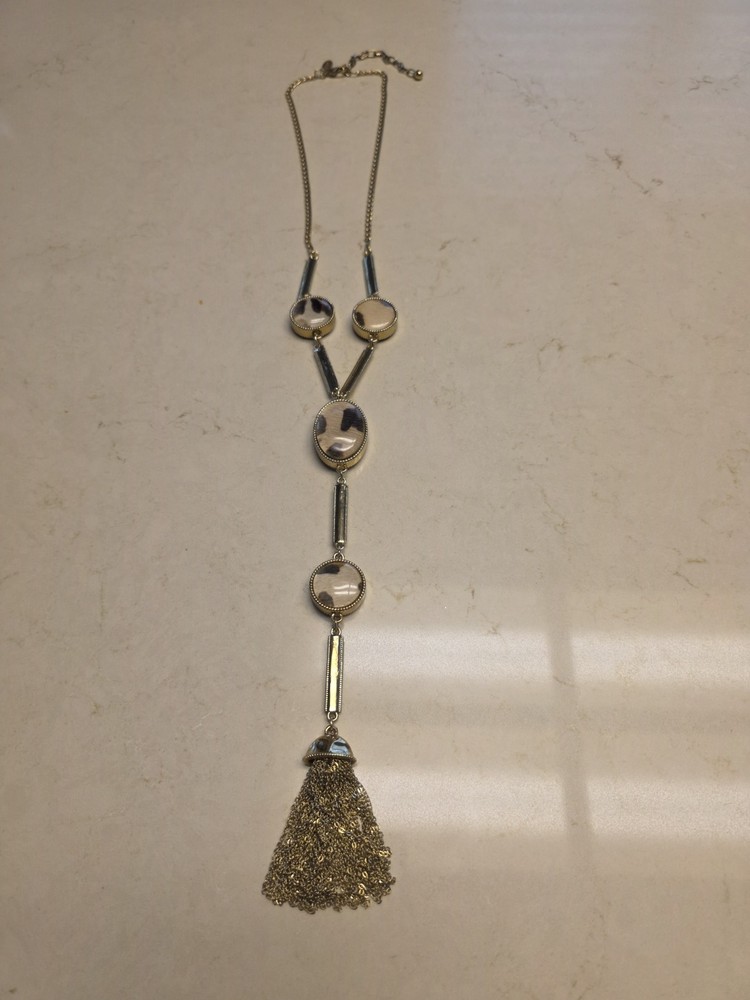 Vintage Chico’s Signed Animal Print Calf Hair Pendant Long Statement Necklace