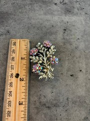Vintage Floral Flower Branch Brooch Pin Silver tone With Pink Rhinestones