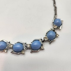 Vtg Blue Cabochon Rhinestone Necklace Silver Tone Mid Century Statement Choker