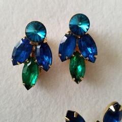 Vintage Blue Rivoli and Dark Green Marquise Brooch and Earrings Goldtone Set