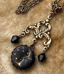 Vintage Art Nouveau Necklace Black Moon Cabochon Chandelier Pendant Czech Glass
