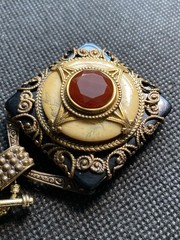 Vtg PATRICE Brass Carnelian Onyx Double Strand Bead Pendant Necklace Earring Set