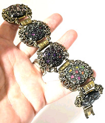 Vintage Judy Lee Iridescent Enamel Gold Tone Book Link Panel Bracelet 7 Inches