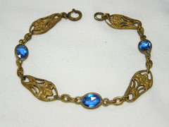 …Art Deco Gold Tone Floral Panels & Blue Glass Bracelet…