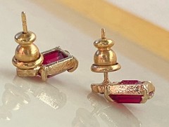 Vintage Gold Tone Red Emerald Cut Rhinestone Stud Earrings Estate Jewelry