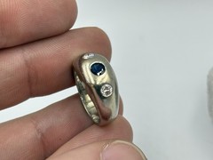 Vintage 14k White Gold Blue Sapphire & Diamond Gypsy Ring