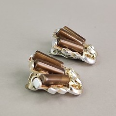Vintage Necklace Clip On Earrings Set Brown Logs Gold Tone SHORT 13″