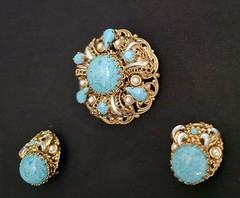 West Germany Faux Turquoise & Pearls Gold Tone with Enameling Brooch & Earrings