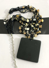 Vintage Multi Strand Necklace w/ Mother of Pearl Inlay Square Pendant