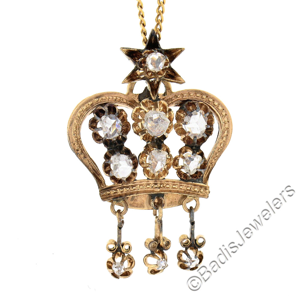 Antique Victorian 14K Gold .78ct Diamond Open Star Crown Dangle Pendant & Chain