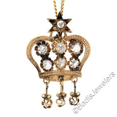 Antique Victorian 14K Gold .78ct Diamond Open Star Crown Dangle Pendant & Chain
