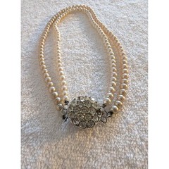 Vintage Sarah Coventry Faux Pearl Necklace Double Strand Rhinestone Clasp