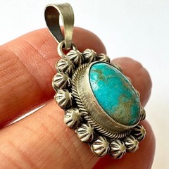 Navajo Turquoise Pendant 1.25 in Signed Skeets Oval Sterling Antiqued Stars