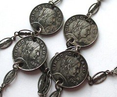 30in VINTAGE 1967 CINCO CENTAVOS MEXICO COIN SILVER PLATED ORNATE CHAIN NECKLACE