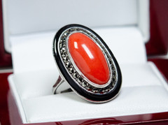 935 Silver – Antique Art Deco Ring – Coral And Markasite – Black Enamel