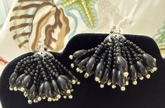 Black & Gold Beaded Cluster Fan Clip-On Earrings, Marquise Shape, Women