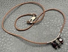Vintage Garnet Cabochon Leather Cord Necklace Sterling Silver Pendant Choker