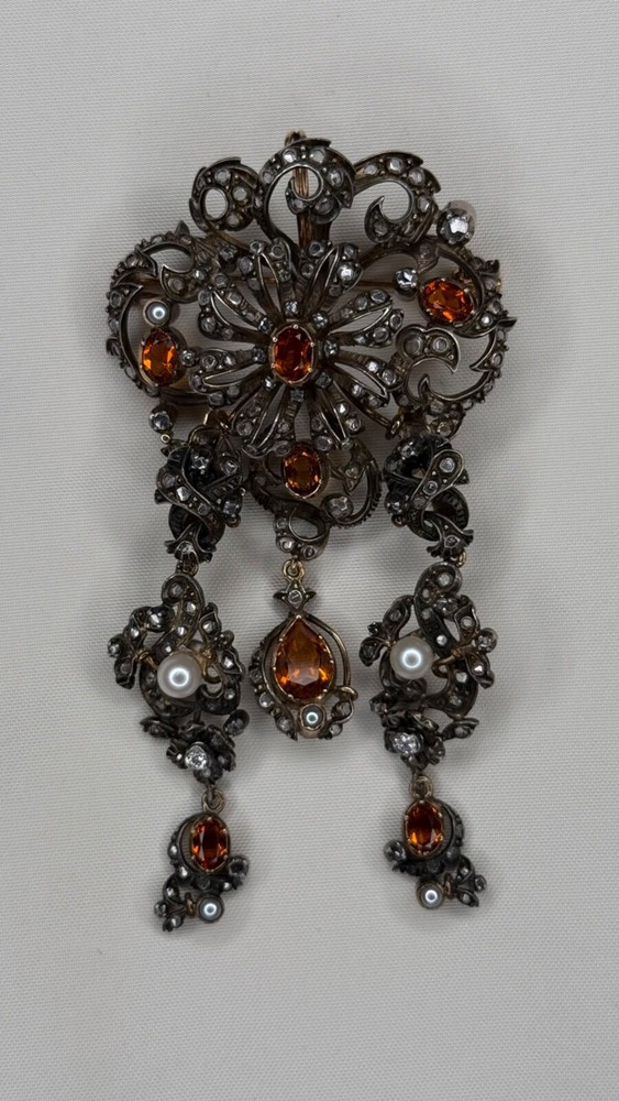 Antique Portuguese 19K Gold Silver Diamond Pearl Citrine Transform Parure Set