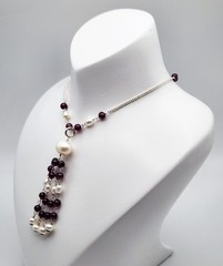 Vintage Sterling Silver 10mm Pearl Rhodolite Garnet Beaded Tassel Necklace 19″