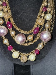 Vintage Gold Toned Necklace And Earrings w/ Purple Stones, Lilac Beads & Pearls