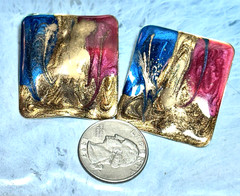 Vintage Multi Color Enamel Square Gold Tone Pierced Earrings, Blue/Gold/Maroon
