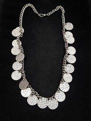 Boho Coastal Hammered Silver Tone Disc Round Charm Chain Necklace 21 in