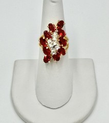 Vintage Aurora Jewelry Co Ring Red Stones Clear Accent Cluster 18kt HGE Sz 5.75