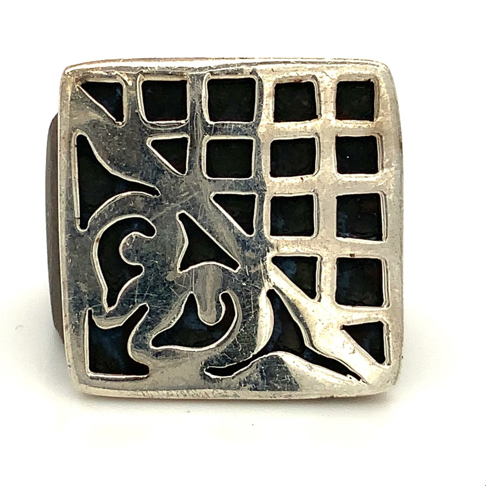 Vintage Sterling Signed 925 Rare Inlay Wood Art Deco Signet Ring Band size 7 1/4