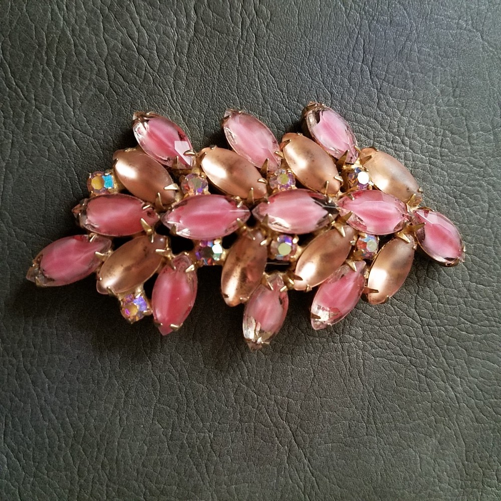 Vintage Pink Givre and AB Rhinestone Marquise Brooch
