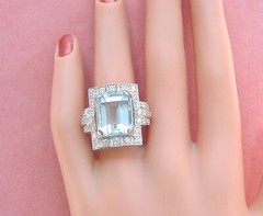 ESTATE ART DECO 10ct AQUAMARINE 1.35ctw DIAMOND PLATINUM STATEMENT COCKTAIL RING