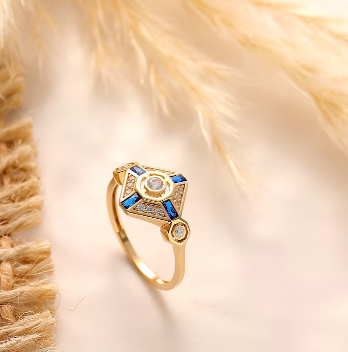 14k Yellow Gold Plated Tester Pass Moissanite & Sapphire Vintage Women’s Ring