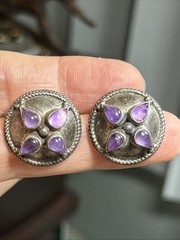 36. Vintage Tribal 925 Sterling Amethyst Stone Button Stud Earrings 21mm, 10.4g