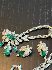 Beautiful Antique Vintage ORA 1930’s Necklace Earrings Emerald Rhinestones