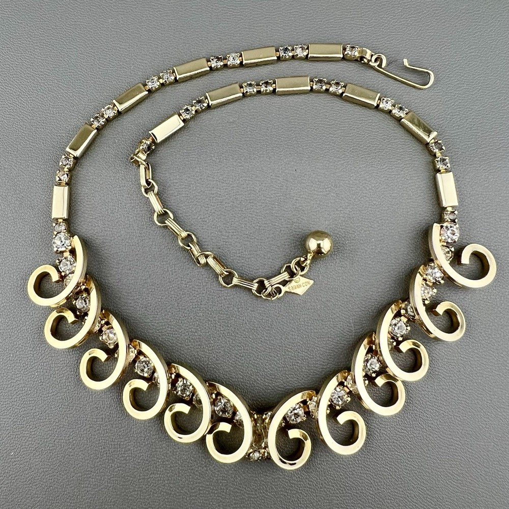 Vintage Sarah Coventry Necklace Celestial Fire Gold Tone Rhinestone 50s Signed