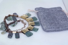 Contemporary Bronze Copper Green Stone Bib Cleopatra 18″ Necklace