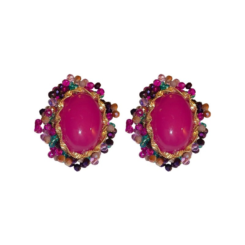 Vintage Oval Magenta Stud Earrings Sterling Silver Post Retro Luxury Ear Jewelry