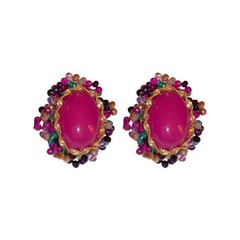 Vintage Oval Magenta Stud Earrings Sterling Silver Post Retro Luxury Ear Jewelry