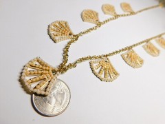 White Peach Acrylic Rhinestone Gold Tone Metal Fan Dangle Chain Necklace Vintage