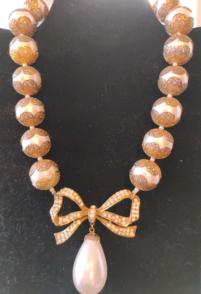 Vtg Big Faux Filigree Pearl Necklace Signed CRAFT Rose Gold Tone Rhinestone Bow