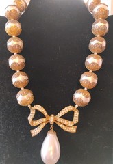 Vtg Big Faux Filigree Pearl Necklace Signed CRAFT Rose Gold Tone Rhinestone Bow