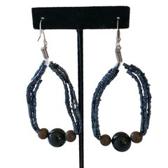 Beaded Hoop Earrings Black Dangle Large Metallic Bohemian Lightweight Vtg Witchy