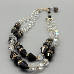 Vintage Black Clear Crystal Beaded Necklace Rhinestone Clasp 15″