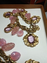 Vintage 1950s Pink Purple Lucite Leaf Charm Choker 16″ Necklace & Bracelet Set