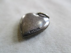 Vtg Sterling Charm 40s Era Puffy Heart Tiny Fleur de Lis Border Inset Pink Stone