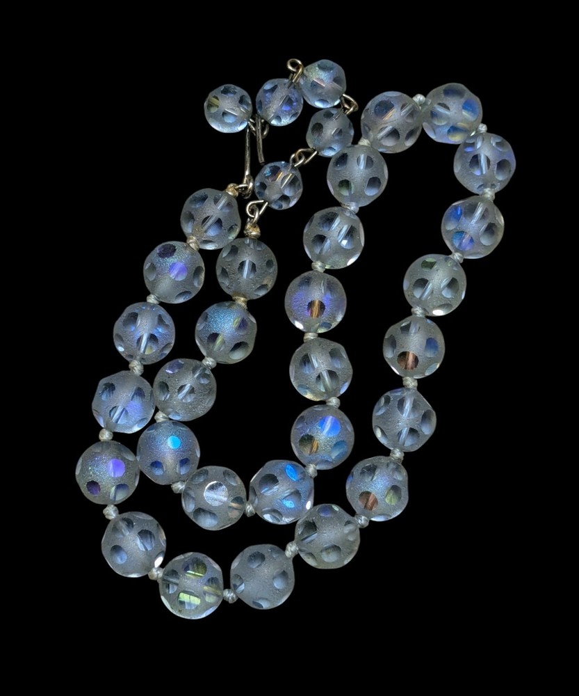 Vintage Light Blue Czech Glass Bead Soccer Ball Frosted Knotted Choker Necklace