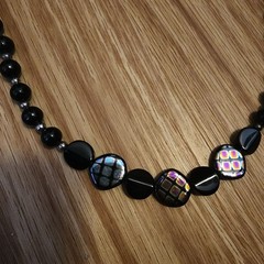 Vintage Black Stone Gem Shiny Iridescent Beads Necklace Beautiful