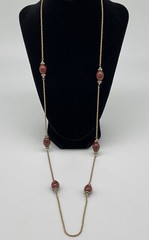 VINTAGE HENKEL GROSSE GERMANY LONG GOLD TONE NECKLACE RED BEAD CRYSTAL 38” 1970’